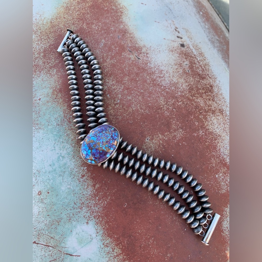 Purple Mohave Kingman Turquoise beaded bracelet, handmade sterling silver